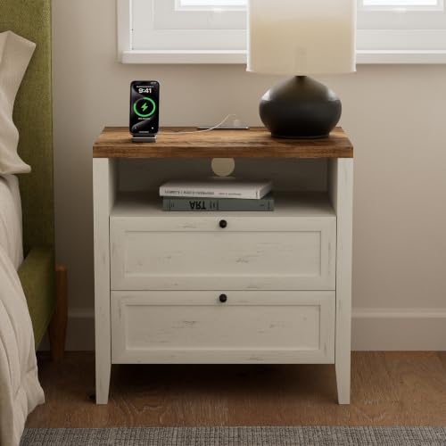 Image of EYYTHUNG Modern Nightstand with 2 Drawers Wooden End Table with Charging Station Farmhouse Night Stand Bedside Side Table with Storage Open Shelf for Sofa, Bedroom, Rustic White and Honey Brown
