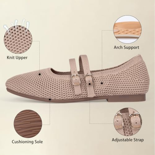 Image of Frank Mully Women's Flats Square Toe Mary Jane Shoes Ballet Flats with Strap Comfortable Slip On Knit Shoes Dressy Casual