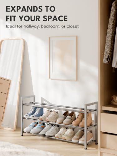Image of Bumusty 3-Tier Expandable Shoe Rack for Closet, 18 inch-33 inch Adjustable Shoe Rack for Small Space, Small Shoe Organizer for Front Door, Sturdy Metal, Light Grey