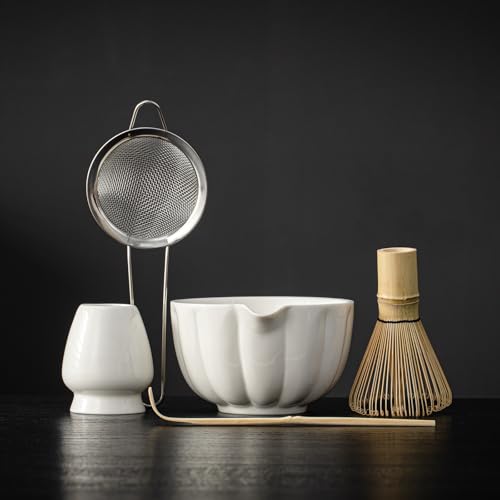 Matcha Whisk Set, Matcha Set Includes Ceramic Matcha Bowl, Bamboo Whisk, Scoop, Chasen Holder, Sifter, 5 Pcs Perfect Matcha Kit for Macha Lover (Pearl White)