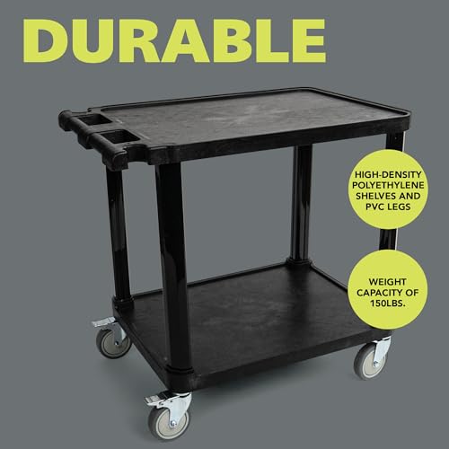 Image of Pearington 2-Tier Compact Multi-Purpose Plastic Utility Cart with Lockable Wheels up to 150lbs, Black