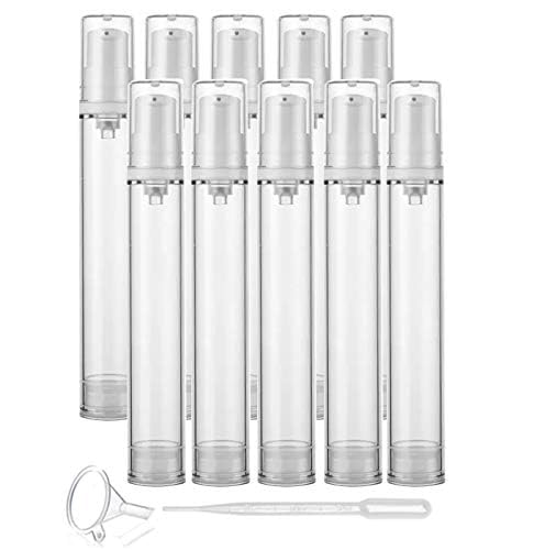 10 Pcs Clear Airless Pump Bottles,Refillable Empty Transparent Plastic Airless Lotion Pump Vacuum Container Diffuser Travel Size Lotion Sample Packing Vial-FREE Funnel,Dropper (15ml/0.5 Qunce)2