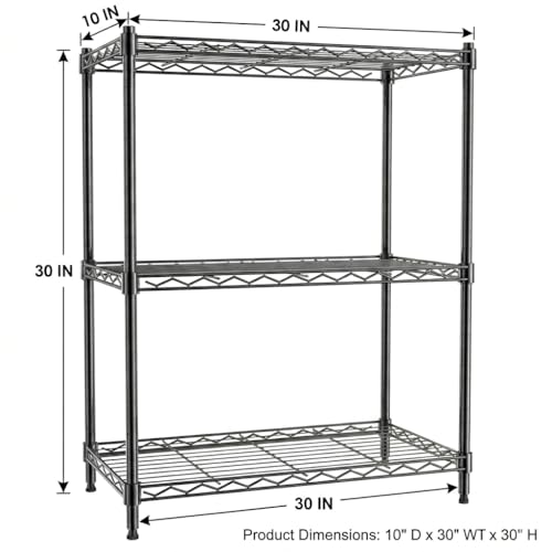 Image of Premium Heavy-Duty 3-Tier Black Metal Wire Storage Rack Shelf Organizer | Adjustable Multipurpose Freestanding Shelving Unit for Home, Office, Kitchen | Size 10 inch D x 30 inch W x 30 inch H Inch