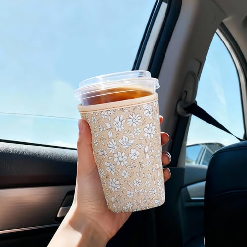 Image of Reusable Insulated Sleeve for Iced Coffee Cup, 3-Pack Coffee Neoprene Drink Sleeve for Cold & Hot Drinks, Beverage Holder for Iced Coffee (Beige Floral)