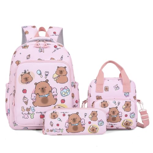 3Pcs Set Capybara Backpack, Cute Kawaii Rucksack with Cartoon Capybara Pattern, Large Capacity Book Bag, Lightweight Laptop Bag, Adorable Going Out Daypack Bag for Travel, Commuting, Shopping