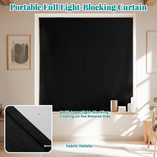 Image of 100% Blackout Self Adhesive Curtains, Black Out Shade for Window, Blackout Fabric Temporary Window Coverings Easy to Hang Curtains No Rod Needed, Use for Room, Kitchen, W52 x L60 inch, 1 Panel, Black
