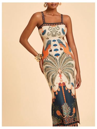 Image of Floerns Women's Tropical Bow Tie Back Long Dress Sleeveless Maxi Dress | Hawaiian Resort Wear, Coastal Vacation, Beach Wedding Guest, Side Slit, Spring Break Outfits