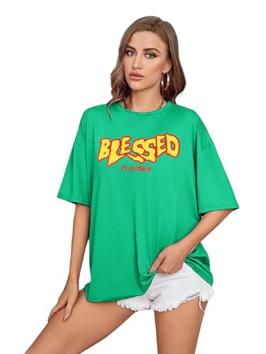 Image of LEOTUDE Women's Oversized Round Neck Half Sleeve Cotton Blend Graphic Printed T-Shirt | Top for Women & Girls (Color: Blue)