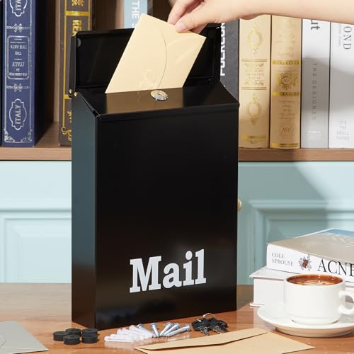 Image of MorningRo 12.2 x 8.66 x 3 Inch Large Black Wall Mount Mailbox with Lock Key for Outside Apartment Porch Rust Proof Security Key Drop Box for Letters Newspapers Cards