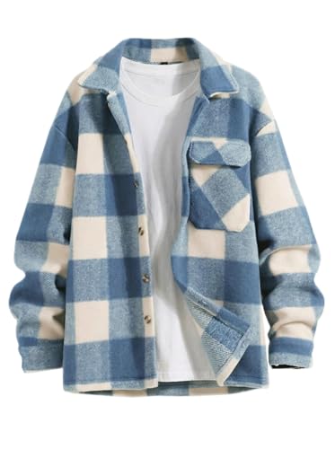ZAFUL Men's Checked Plaid Color Block Flap Pocket Woolen Turn Down Collar Unisex Coat Long Sleeve Jacket (2-Light Blue, L)
