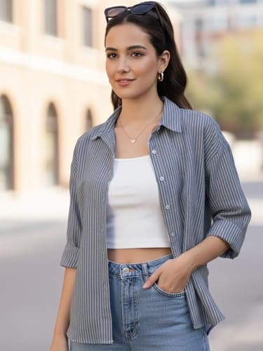 Image of Urbano Fashion Women's Cotton Full Sleeve Oversized Fit Casual Striped Shirt with Spread Collar