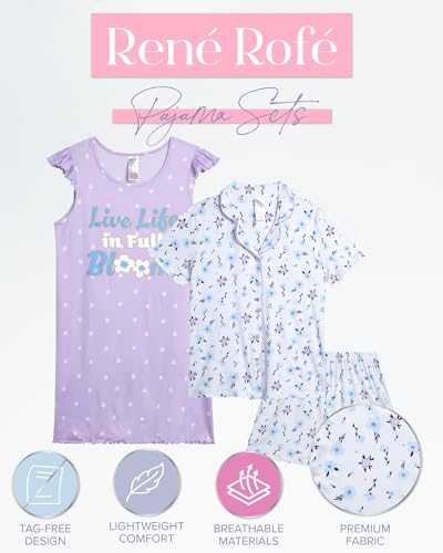 Rene Rofe Girls Pajama Set - 3 Piece Ruffle Sleep Gown, Sleep Shirt, and Lounge Shorts - Sleepwear for Girls (4-12)2