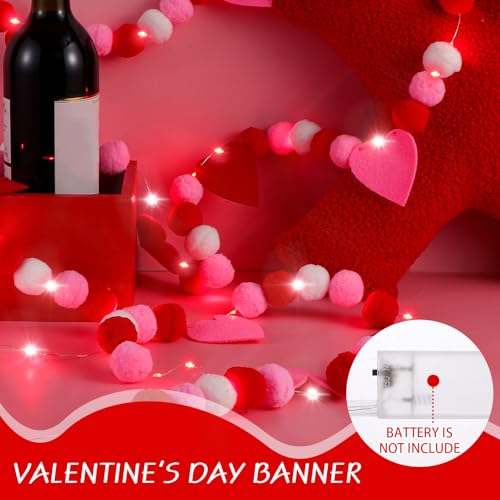 Image of 2 Pcs Valentine's Day Heart Felt Banner with LED Lights Red Pink White Heart Felt Banner Pom Pom Ball Garland Valentine's Day Heart Pompom Hanging Garland for Indoor Home Party Favors