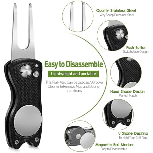 SGERUFZ Golf Reparatur Pitchgabel, Edelstahl Golf Divot Multifunktion Tool avec Pop-up-Bouton et Ball Marker, Switchblade Golf Pitchgabel Accessoire de Golf Portable (Edelstahl) – vue 3