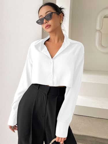 Image of Aahwan Women Polyester Regular Fit White Solid Button Up Drop Shoulder Casual Crop Long Sleeve Shirt
