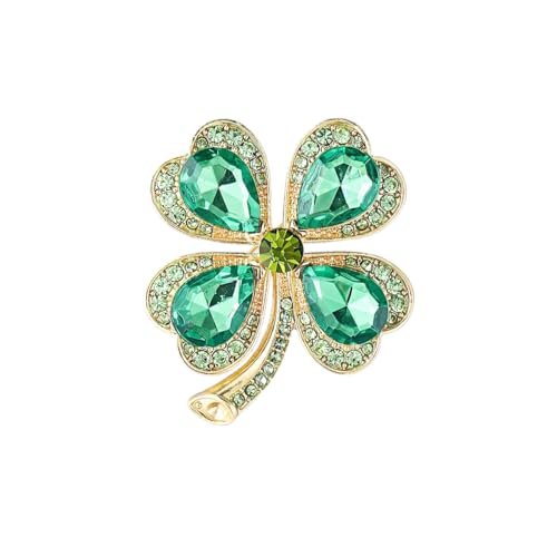 Image of Rhinestone Clover Leaf Brooch Pin, Green Four Leaf Clover Pin Shamrock Lapel Pin, Gold Plated Vintage Crystal Flower Brooches