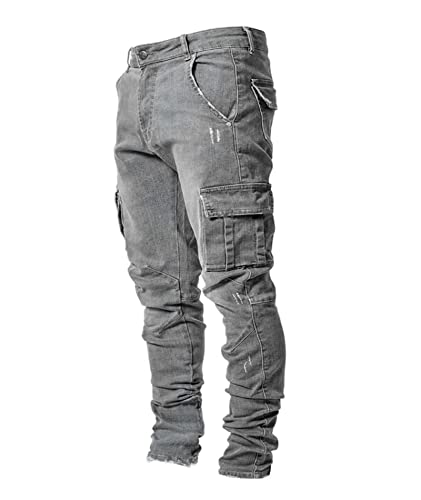 SOMTHRON Men's Skinny Distressed Ripped Jeans Side Pocket Slim Fit Destroyed Hip Hop Stretchy Denim Pants Trousers