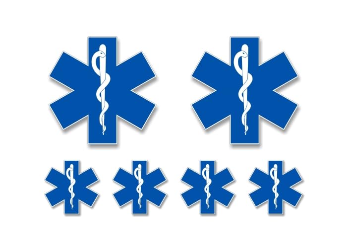 6 Decal Set Star of Life Medical Vinyl 2" and 4" Decals Snake and Staff Symbol Rod of Asclepius Ambulance First Aid Kit Supplies Stickers (6 Decal Set, 4-2"x2" and 2-4"x4")
