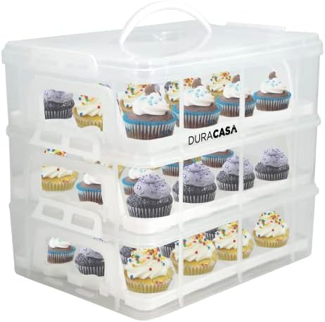 DuraCasa Cupcake Carrier, Cupcake Holder - Premium Upgraded Model - Store up to 36 Cupcakes or 3 Large Cakes - Stacking Cupcake Storage Container - Cookie, Muffin or Cake Carrier (White, Three Tier)