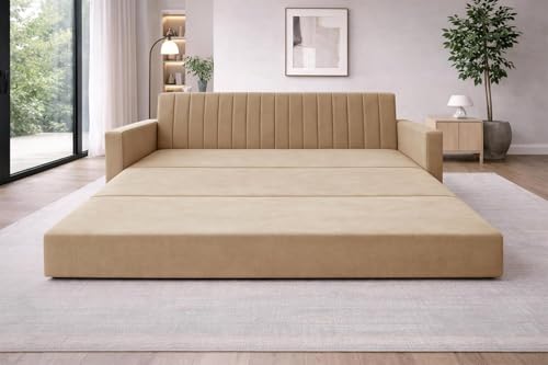 Image of Rosebell 3 Seater Foldable Sofa-Cum-Bed | 3-in-1 Convertible Couch with Armrest | Modern Fabric Sofa for Living Room, Bedroom & Office-Golden-Color