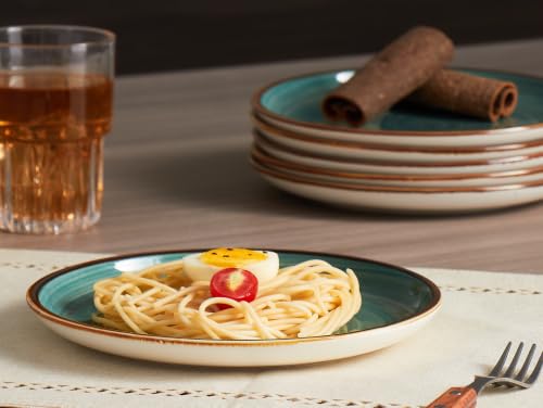 Image of ONEMORE Ceramic Dinner Plates Set of 6, 8.5 inch Small Stoneware Plates for Appetizer, Salad and Dessert. Oven, Microwave and Dishwasher Safe Plate, Stackable, Rustic Kitchen Porcelain Dish, Teal