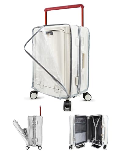 No Disassembly Wide Handle Luggage Cover with Front Pocket Zipper, 20 Inch Clear PVC Carry On Suitcase Cover for Luggage, Travel Waterproof Transparent Suitcase Protector