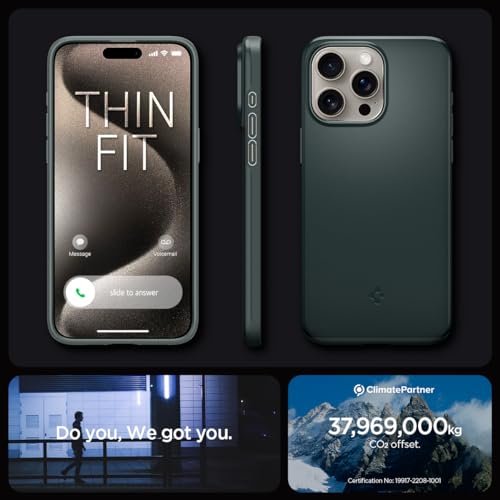 Image of Spigen Thin Fit Back Cover Case for iPhone 15 Pro Max, Durable Protection, Slim Frame - Polycarbonate + TPU | Abyss Green