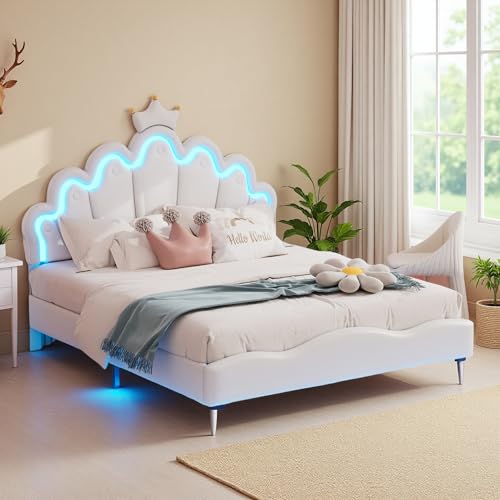 JYNVO Cama de Princesa de 140x200 cm con Tiras de luz LED, Cuna con Forma de Corona, Cama Infantil tapizada de Piel sintética, Cama LED para habitación de niñas, Cama Blanca de Princesa
