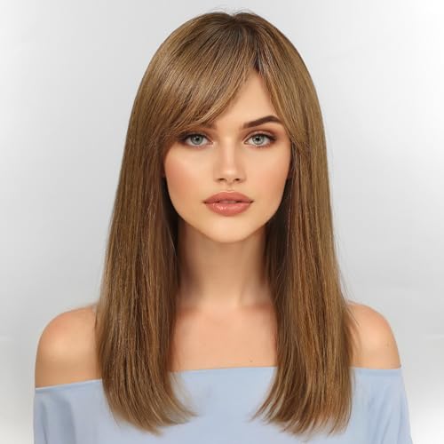 Image of KKU 16 Inch Ombre Brown Human Hair Wigs for Women, Straight Human Hair Wig with Bangs,Remy Human Hair Wigs,Daily Wig