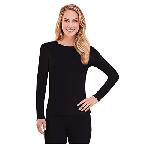 Cuddl Duds Women's Climatesmart with Stretch Long Sleeve Crew Neck Top, Black, Petite-Large