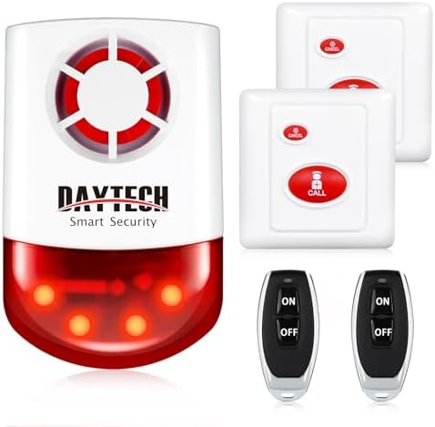 Daytech Wireless Security Alarm System with Strobe Siren - Panic Buttons & SOS Alert for Home, Retail Stores (2 Remotes + 2 Buttons, Loud 120dB, Weatherproof)