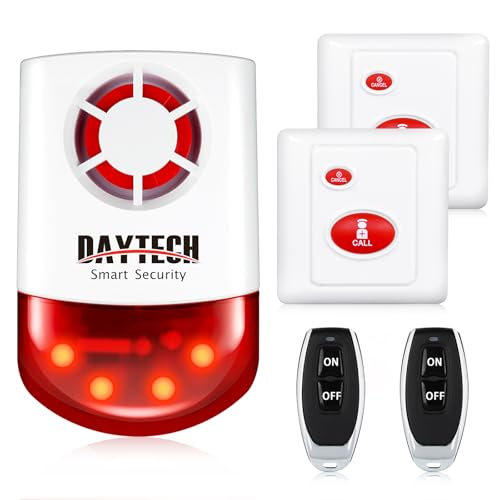 Daytech Wireless Security Alarm System with Strobe Siren - Panic Buttons & SOS Alert for Home, Retail Stores (2 Remotes + 2 Buttons, Loud 120dB, Weatherproof)