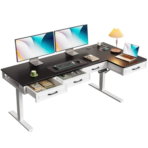 Image of OffiGo 63 Inch L Shaped Standing Desk with 4 Wooden Drawers, White+Black