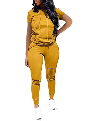 Women Casual 2 Piece Sport Outfits Short Sleeve Ripped Hole Pullover Hoodie Sweatpants Set Jumpsuits (Orange, L)