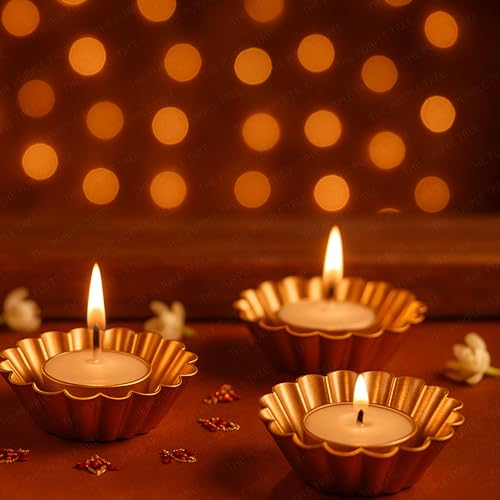Image of The Purple Tree Lumina Gold Tealight Candle Holders for Diwali Decoration | Pack of 4 Premium Metal DiyaTealight Holders | Festive Home Decor, Wedding, Puja, Party & Gifting, Diwali Floral Diyas