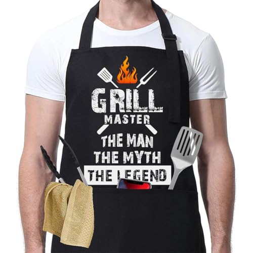 Grillschürze für Männer Kochschürze Herren Lustig, mit 2 Taschen Grillen Geschenk BBQ Schürze Küchenschürze, der Mann der Mythos die Legende Schwarz Schürzen...