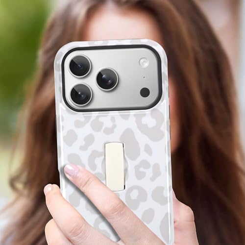 Coque iPhone 17 Pro Max antichoc avec dragonne réglable et support blanc imprimé léopard - 7
