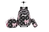 kingdisen Wheels Mochila infantil com rodinhas para bagagem primária, mochila escolar com lancheira, conjunto de 3 peças, Laço preto, Large, Divertido e fofo