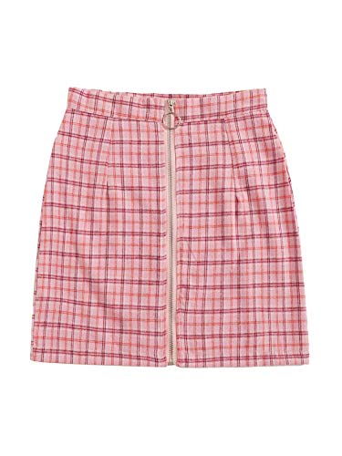 WDIRARA Women s High Waist Plaid Zipper Front Bodycon Short Skirt Pink M