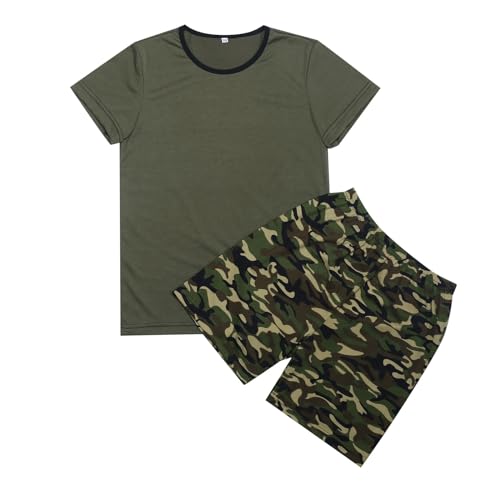 Generisch Tuta da bambino per ragazzi e ragazze, pantaloncini estivi, set grafico Camo-T in pile, pigiama per bambini, verde militare, 11-12 Anni