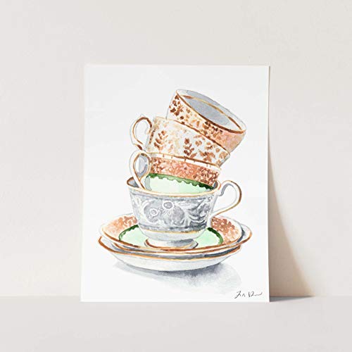 Vintage Teacups and Saucers in Green and Gold Art Print of