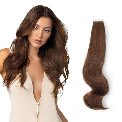 ABH AmazingBeauty Hair Semi-permanent Real Remi Remy Human Tape in for Hair Extentions 50g 20pcs Tape Attached Skin Weft Invisible Seamless Reusable Walnut Brown Color 3 16 Inch