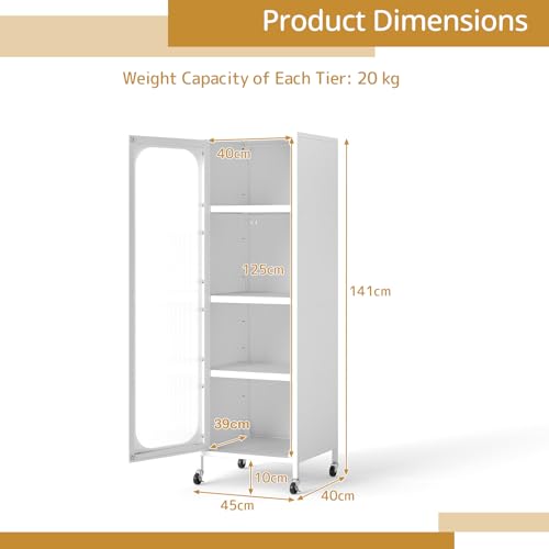 COSTWAY Tall Kitchen Cupboard, 5-tier Buffet Pantry Storage Cabinet with Adjustable Shelves, 2 Base Options, Semi-Transparent Door & Anti-tipping Device, Freestanding Narrow Sideboard Unit (White) - Image 2
