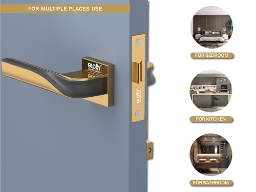 Image of GLOXY Premium Bathroom Door Lock - Heavy Duty Mortise Door Lock with Keyless Plate Handle Set for Home with Brass Baby Latch - Gold & Black Finish Bathroom Lock for Door with 2 Years Warranty