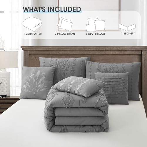 Image of LANCO MODERN LIFESTYLE Grey Comforter Set, Queen Size, 7 Pieces Jacquard Boho Bedding Set for All Seasons, Ultra Soft and Fluffy, Matching Pilllow Shams, Bedskirt and Decor Pillows