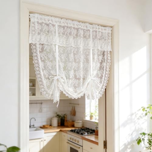 1 Panel Elegant White Lace Sheer Tie Up Curtains for