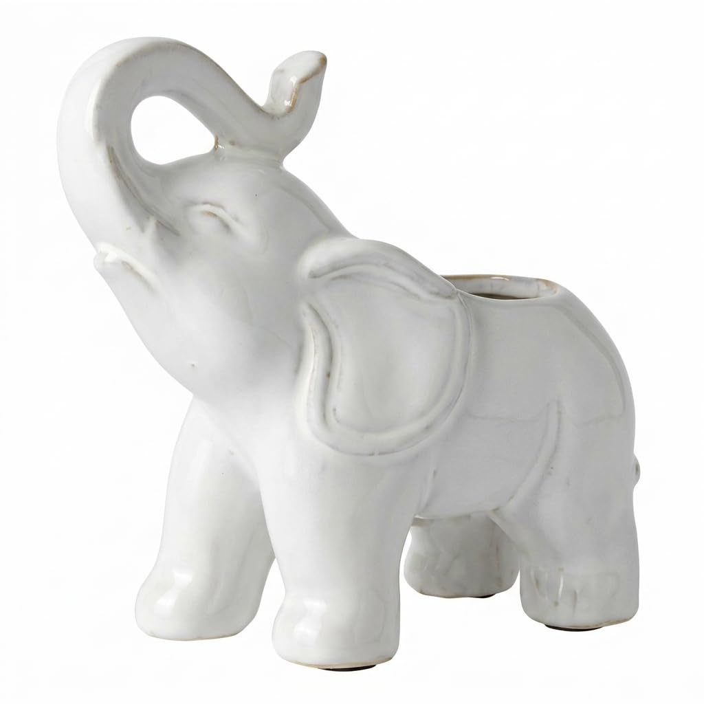 White Elephant Ceramic Flower Pot - Outdoor & Indoor Planter - Elephant Decor Succulent Pot - Small Plant Pot with Drainage - Windowsill & Patio Decor