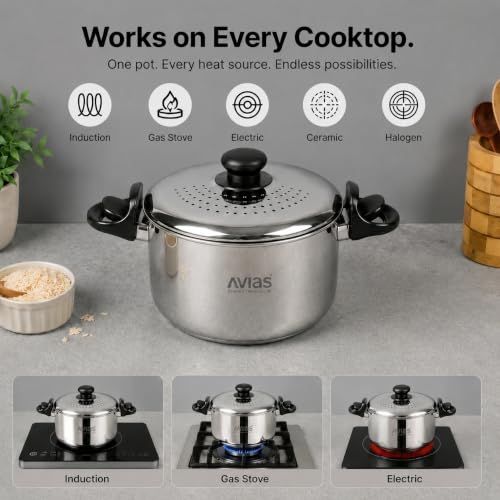 Image of AVIAS Stainless Steel Rice /Pasta Strainer Pot 3.7L with Built-in Strainer and Locking Lid | Triply Bottom | for Rice, Pasta, Noodles, SOYA & Vegetables | Induction & Gas Compatible