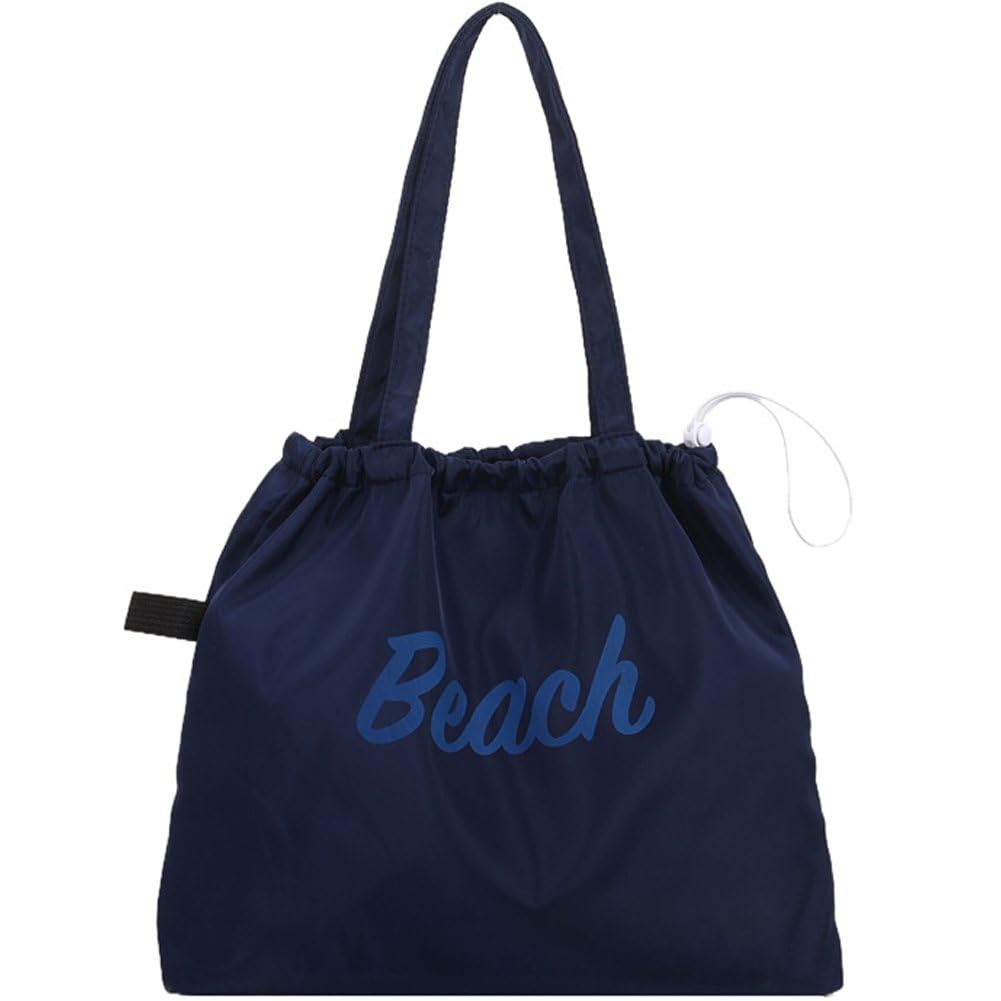 Sslvya Letter Print Tote Bag with Drawstring Large Capacity Beach Shoulder Bag for Daily Travel Grocery Shopping Picnic Use
