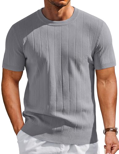 COOFANDY Mens Tee Shirts Casual Stylish Summer Tshirts Short Sleeve Knit Sweater Shirts, Light Grey